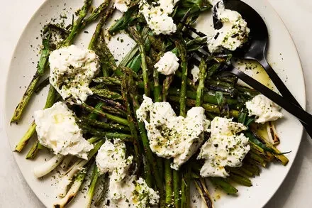 Grilled Asparagus With Burrata and Furikake