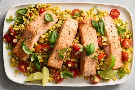 Oven-Seared Salmon with Corn and Tomatoes