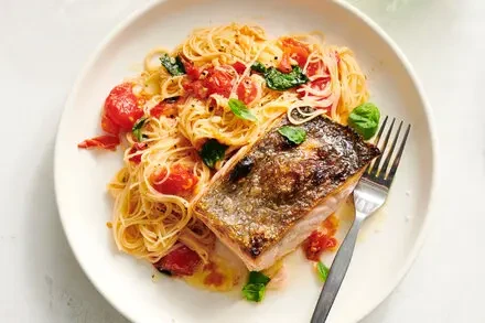 Salmon With Garlic Butter and Tomato Pasta