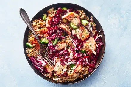 Farro with Salmon, Cucumber, Radicchio, and Dill
