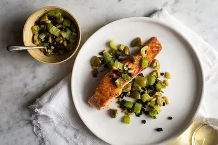 Pan-Seared Salmon with Celery, Olives, and Capers